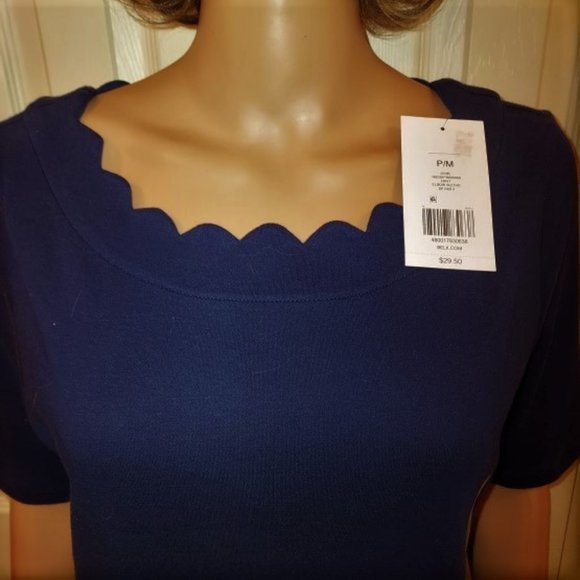 Kim Rogers Navy Elbow Sleeve Scalloped Neck Relaxed Fit Top Size MP NWT - Picture 2 of 5